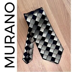 MURANO 100% Silk Tie Black Gray Tan Blocks Cubes Diamond Squares